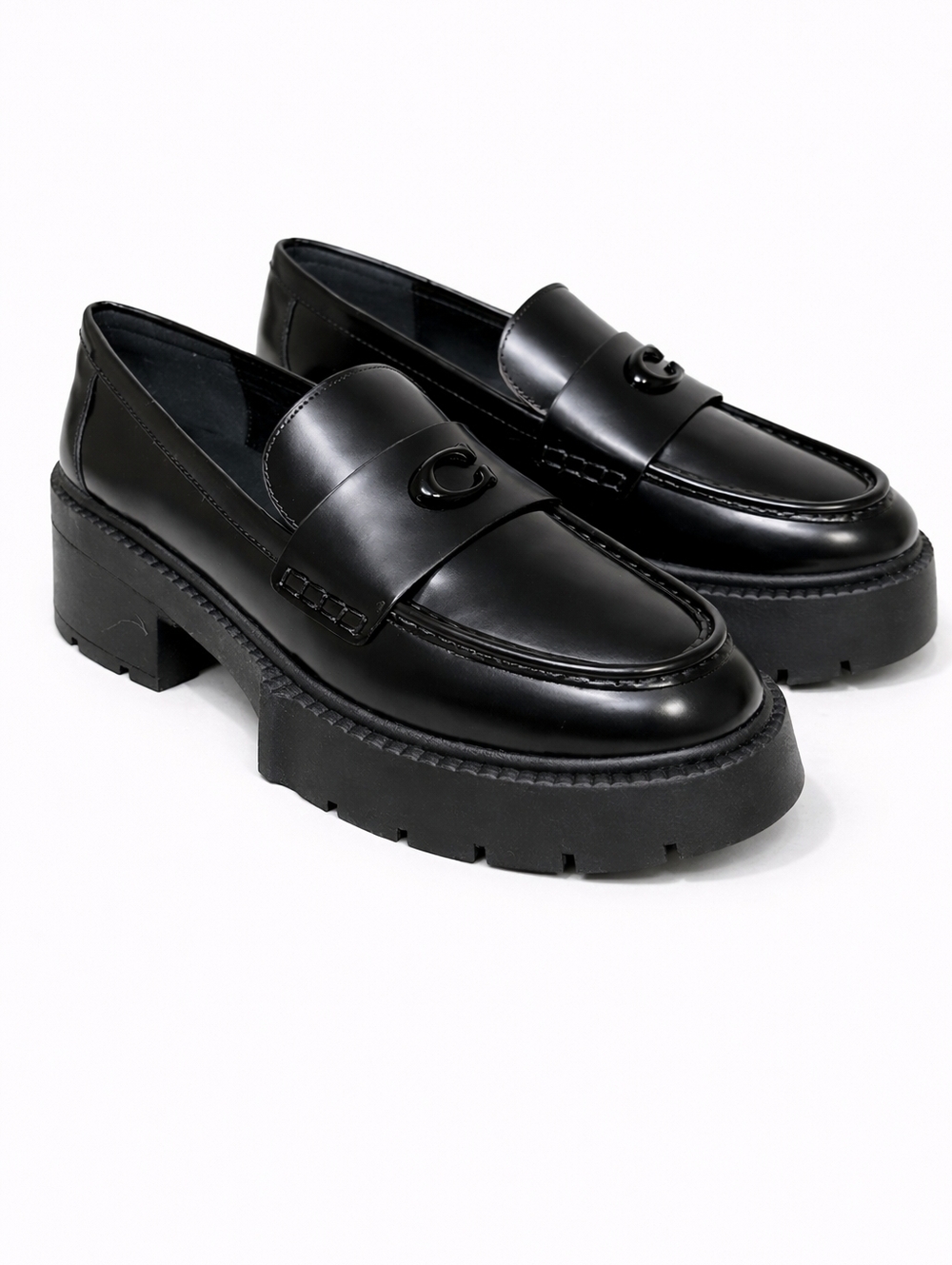 Coach Leah Platform Preppy Loafers Black Leather Chunky Women’s Size 9.5
